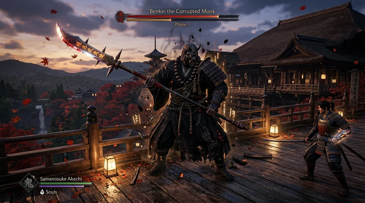Corrupted Monk Benkei wielding giant iron naginata on Kiyomizu temple balcony in Onimusha Way of the Sword