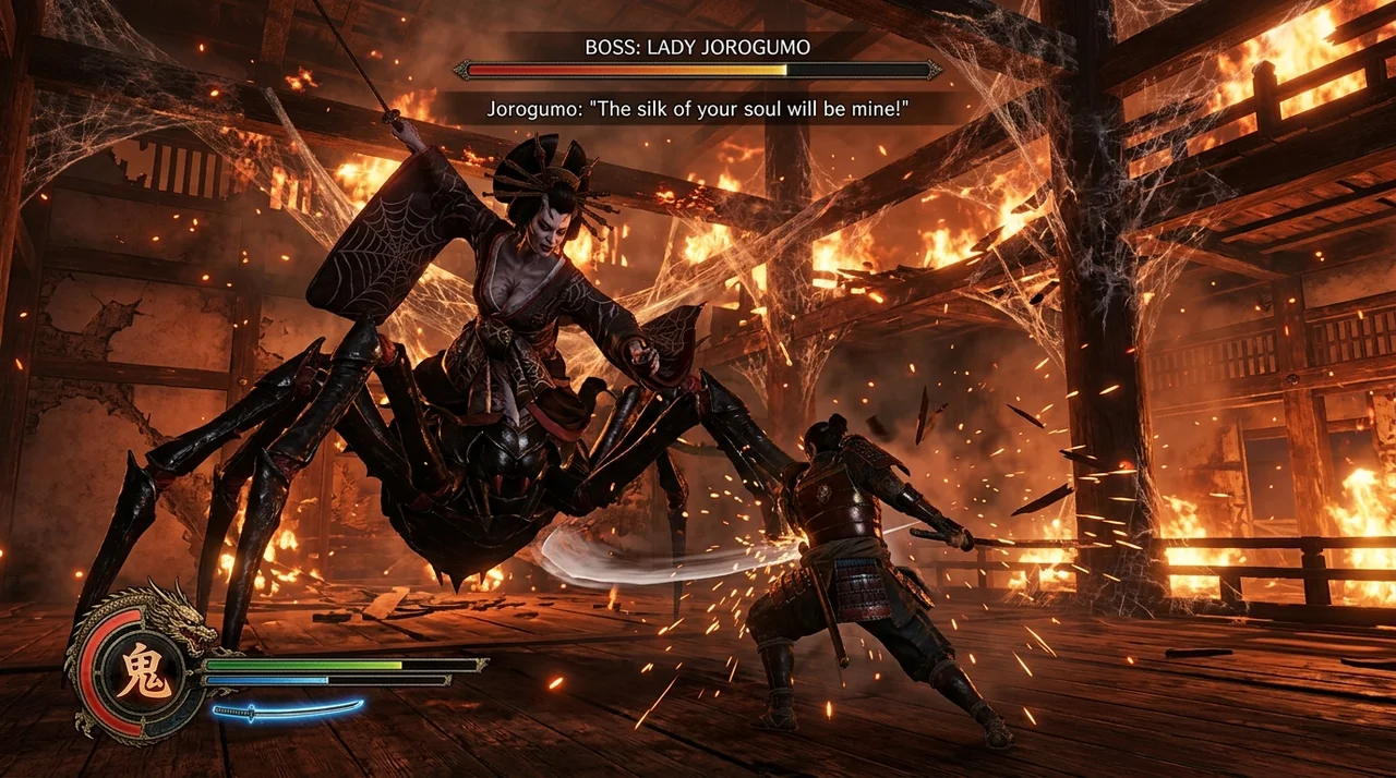 Lady Jorogumo spider demoness in burning Nijo castle keep in Onimusha Way of the Sword