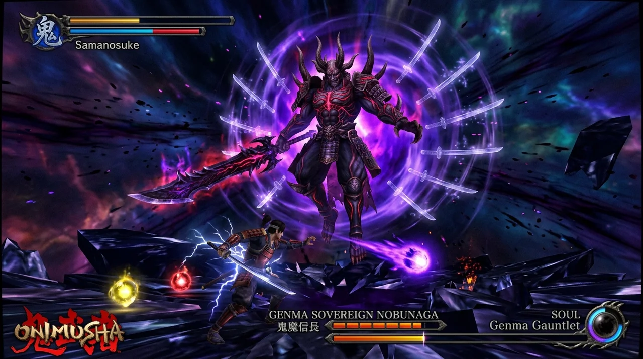 Genma Sovereign Nobunaga transformed final demon boss in Obsidian Core in Onimusha Way of the Sword