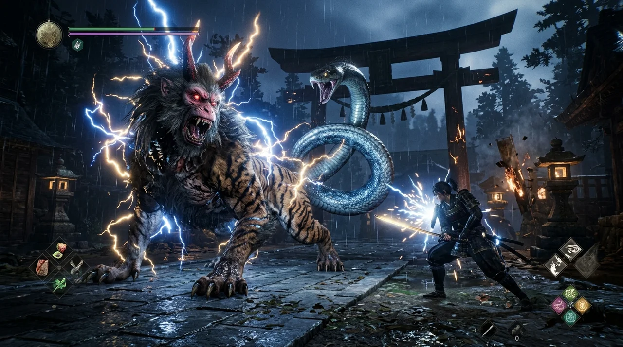 Nue Thunder Chimera demon beast roaring in Fushimi Inari shrine in Onimusha Way of the Sword