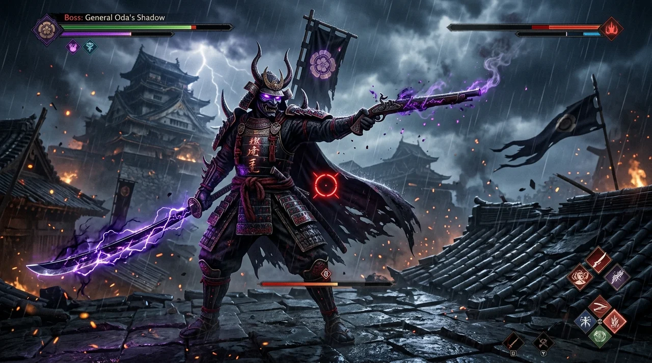 General Oda Shadow spectral samurai boss with cursed matchlock arquebus in Onimusha Way of the Sword