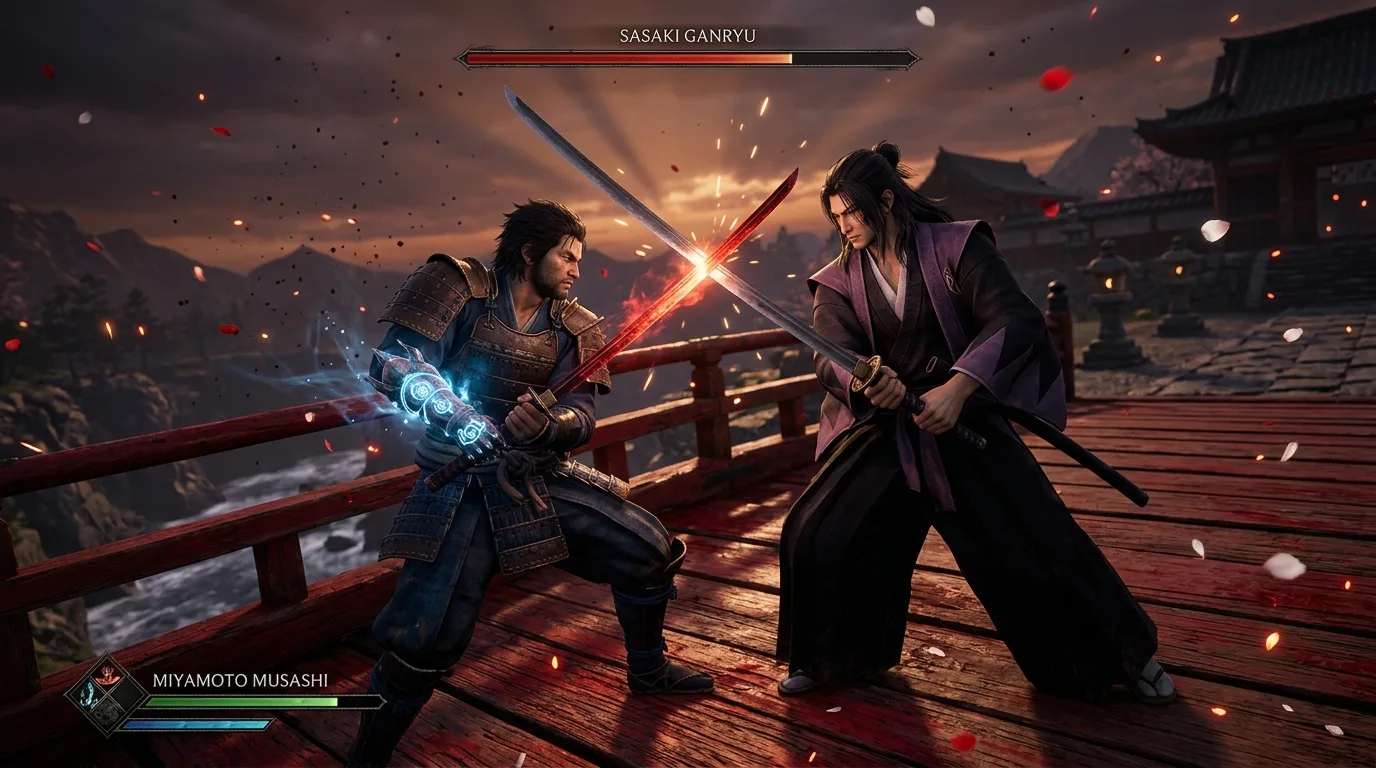 Musashi dueling Sasaki Ganryu on the spirit bridge in Onimusha: Way of the Sword