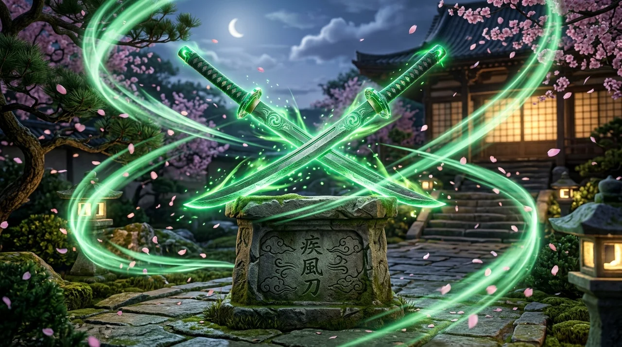 Senpu Gale Dual Blades with whirlwind emerald vortex aura in Onimusha Way of the Sword